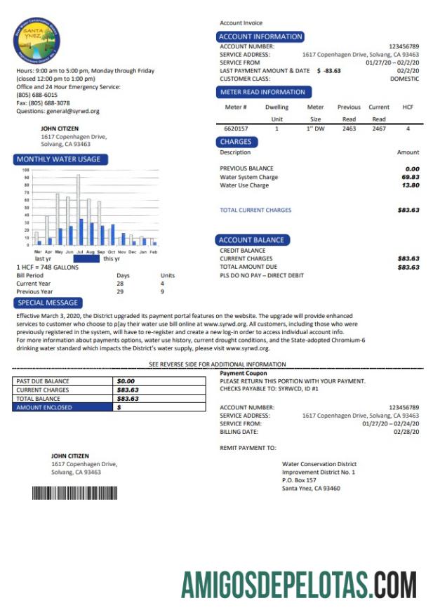 imprimível Modelo de conta de serviços públicos de água dos EUA, Califórnia Santa Ynez, em formato Word e PDF